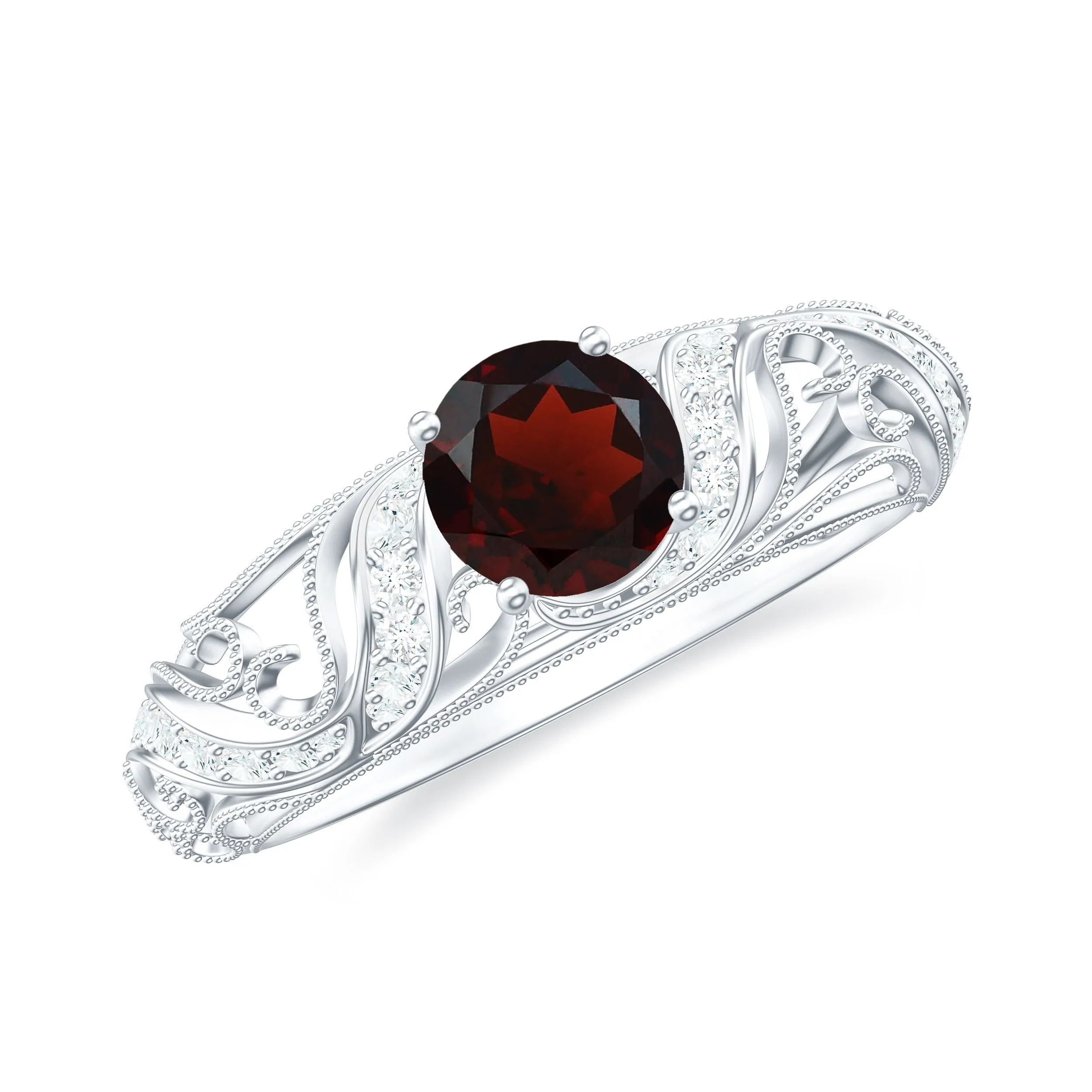 1 CT Round Shape Garnet and Diamond Cutout Vintage Ring with Milgrain Details