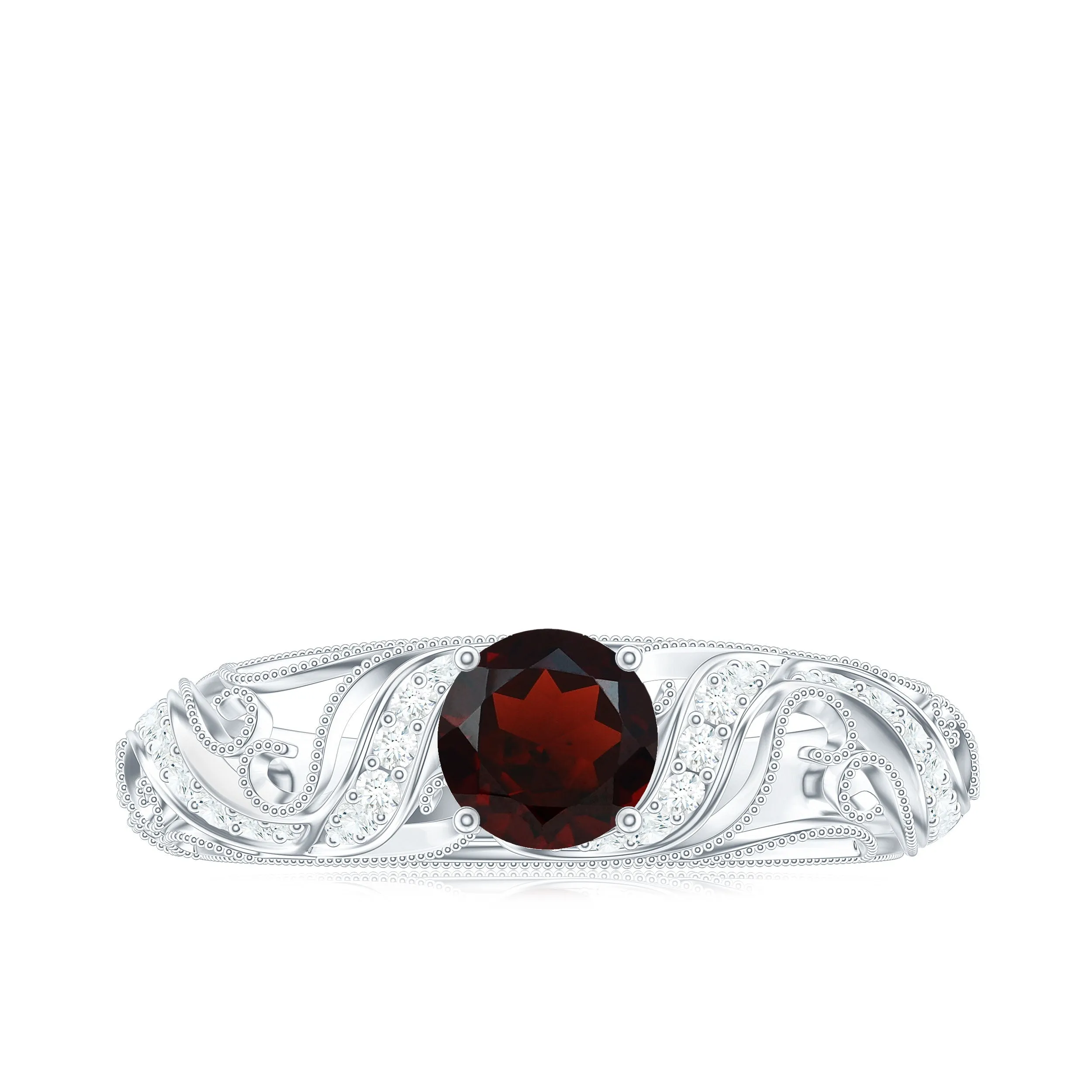 1 CT Round Shape Garnet and Diamond Cutout Vintage Ring with Milgrain Details