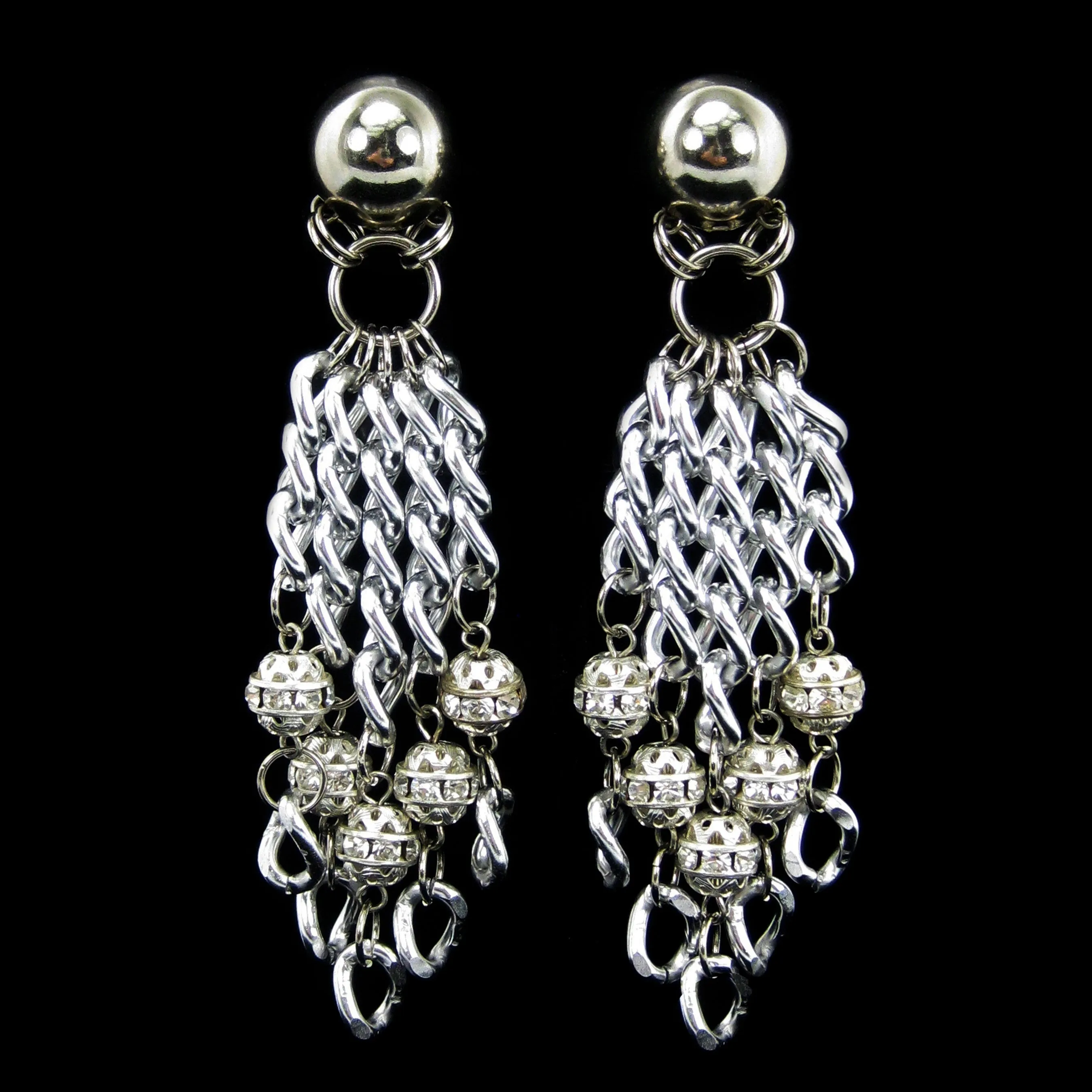 #1044e Silver Tone Chain & Rhinestone Bead Cascade Earrings