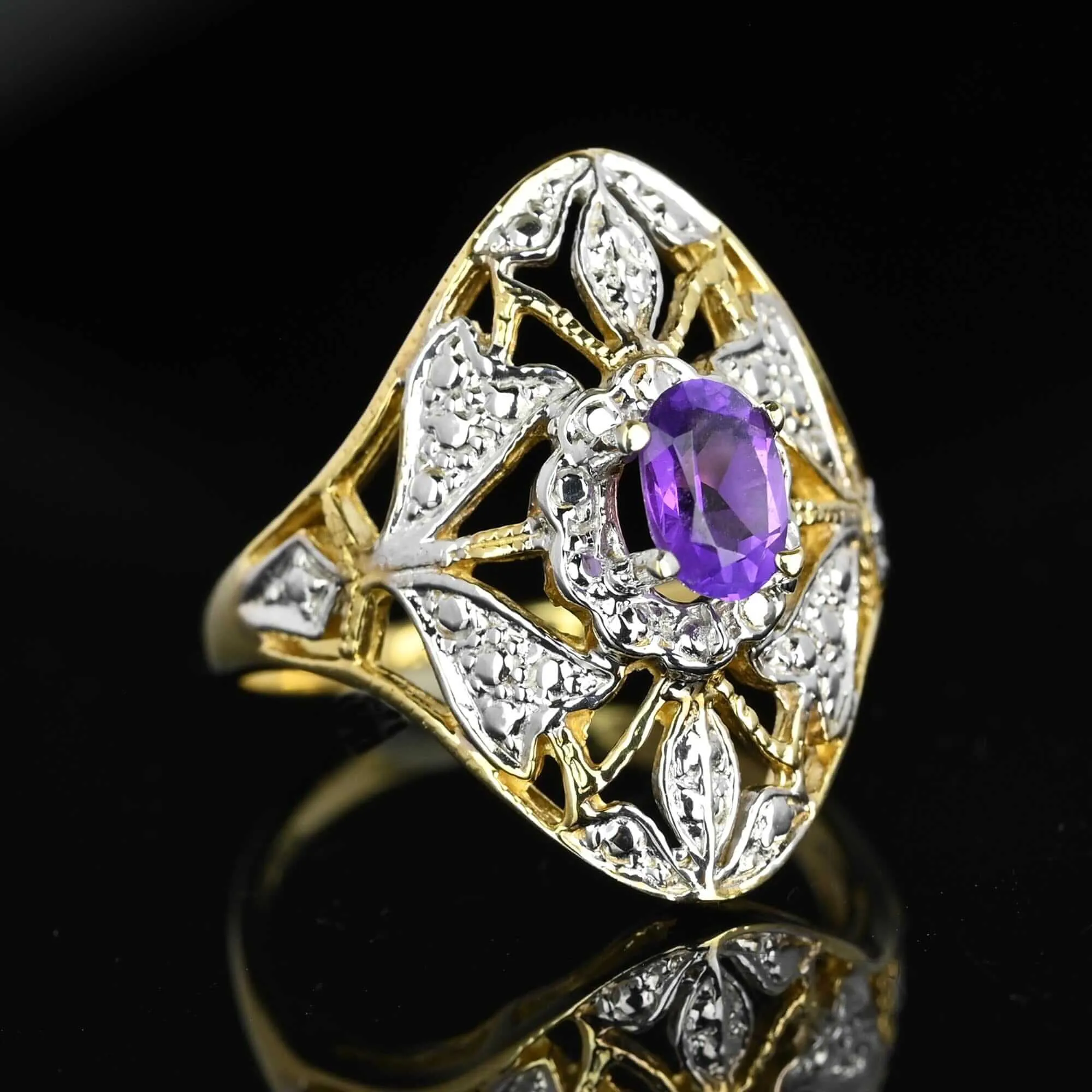 10K White & Yellow Gold Floral Panel Amethyst Ring