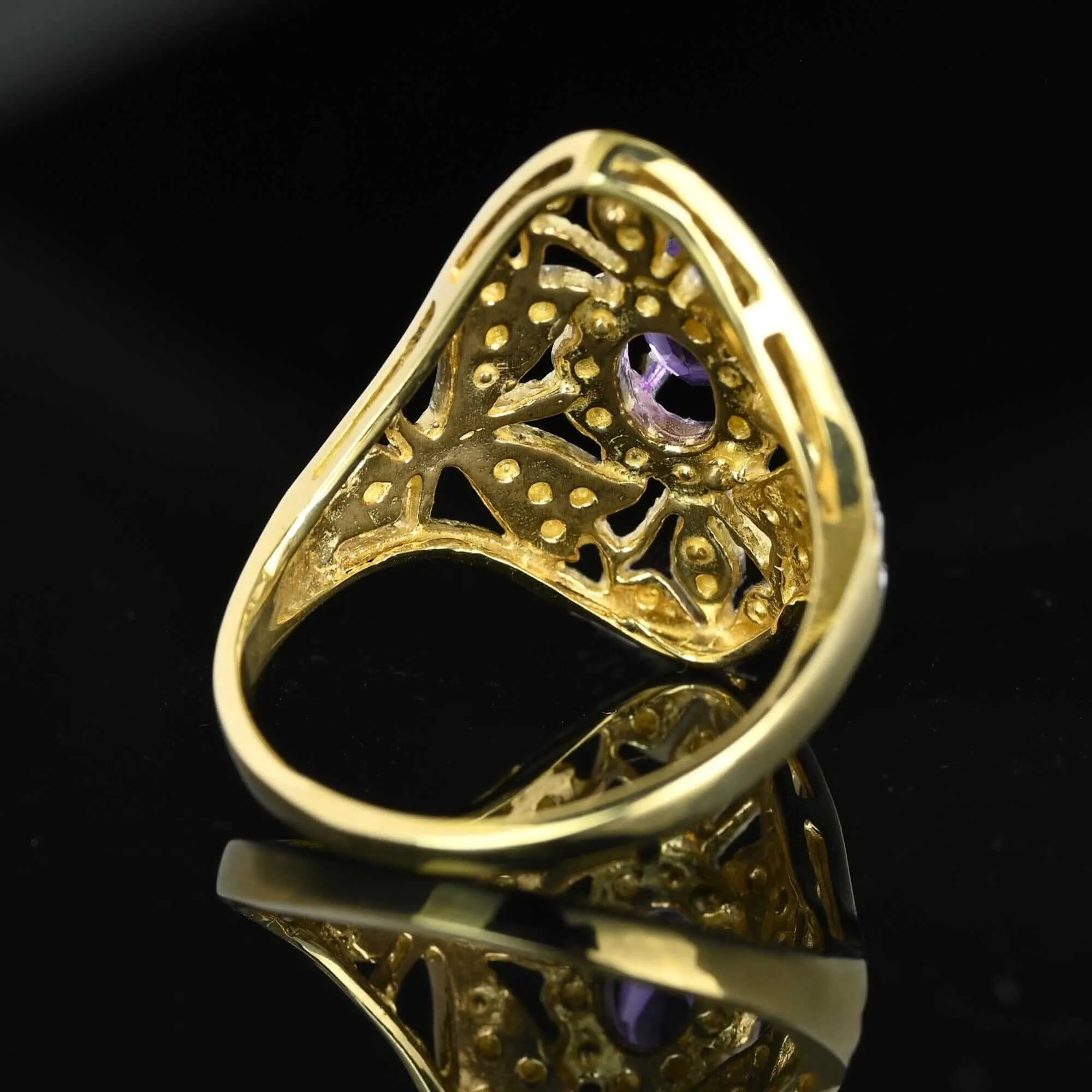 10K White & Yellow Gold Floral Panel Amethyst Ring