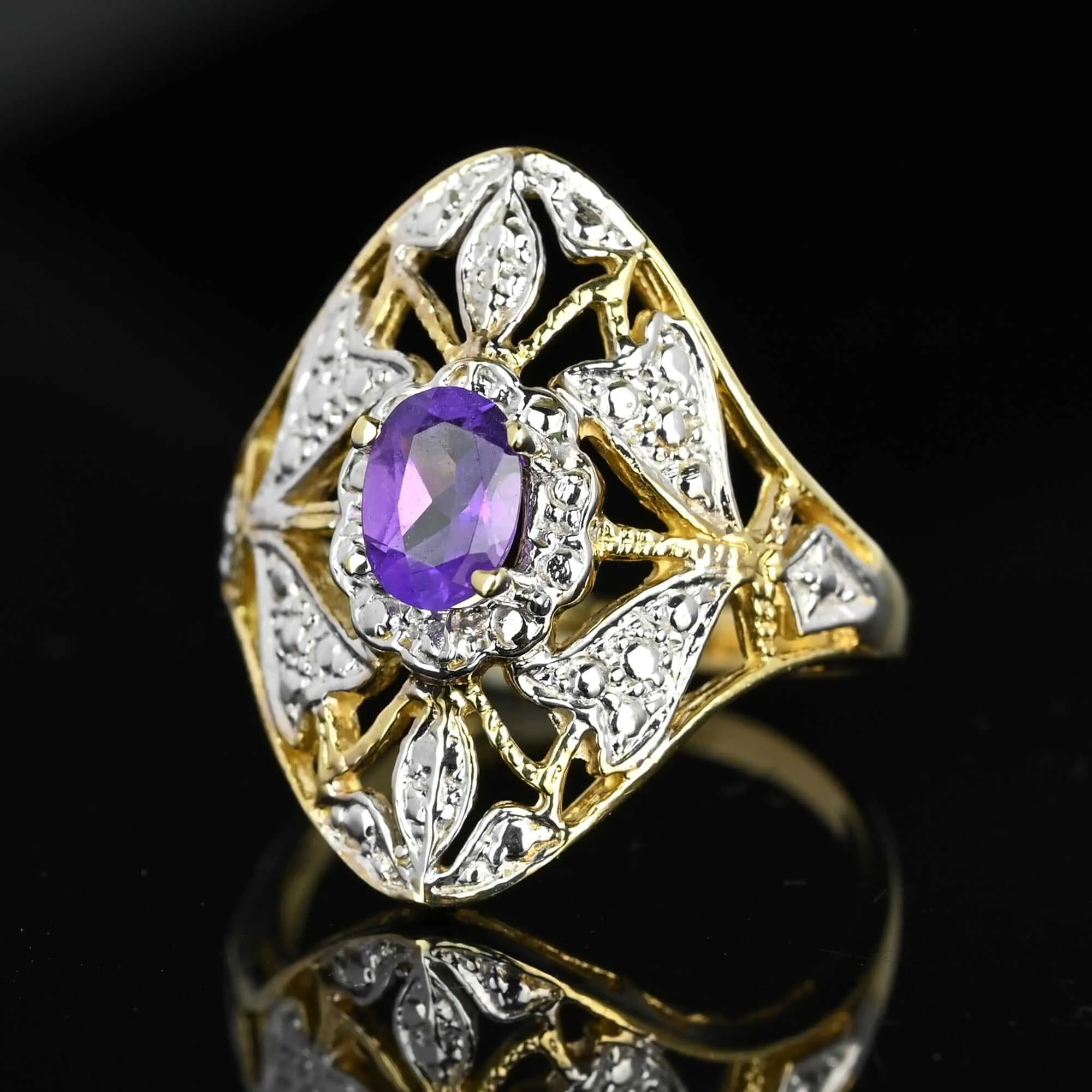 10K White & Yellow Gold Floral Panel Amethyst Ring