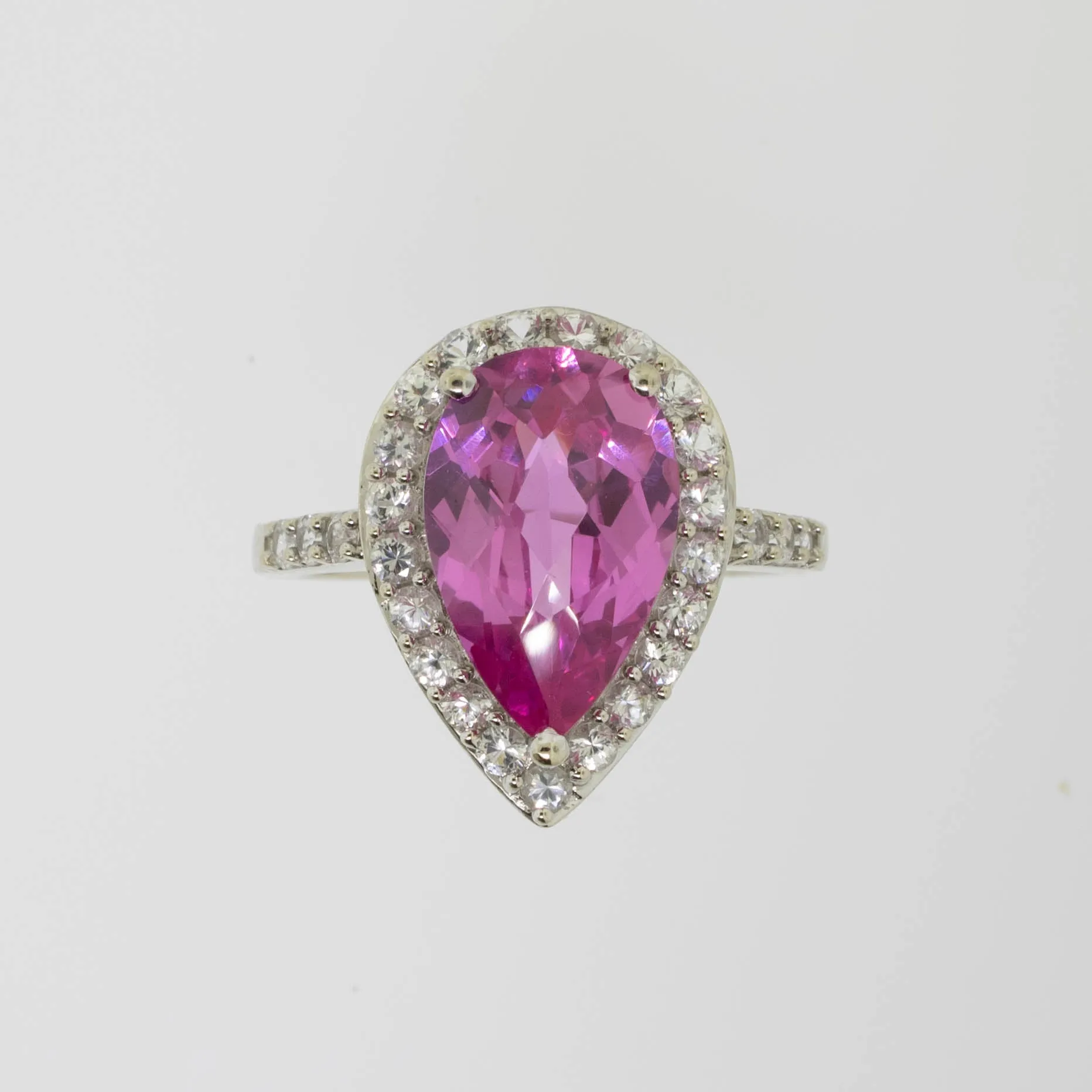 10K White Gold Imitation Pink and Clear Stone Ring Size 8 (Estate Ring)