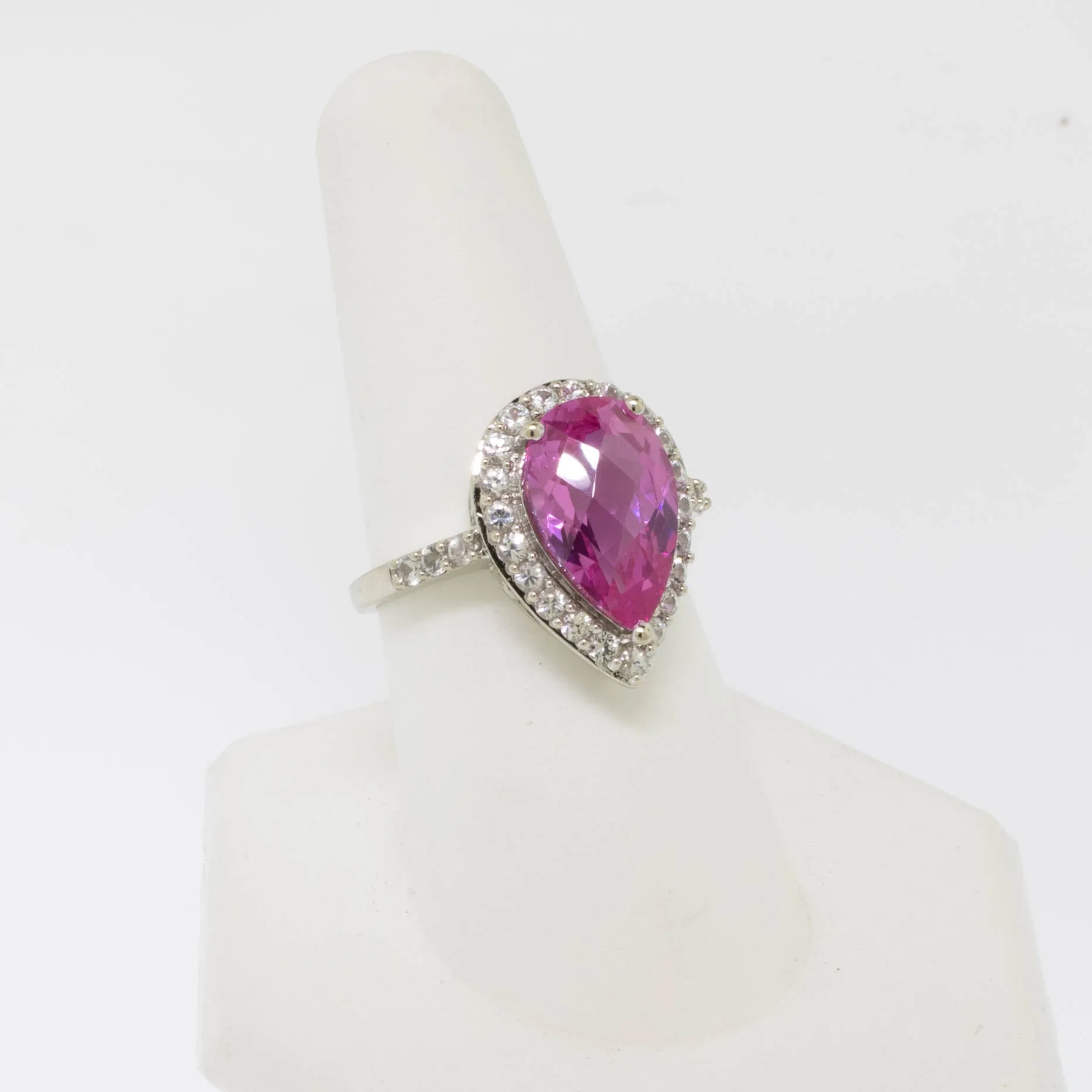 10K White Gold Imitation Pink and Clear Stone Ring Size 8 (Estate Ring)