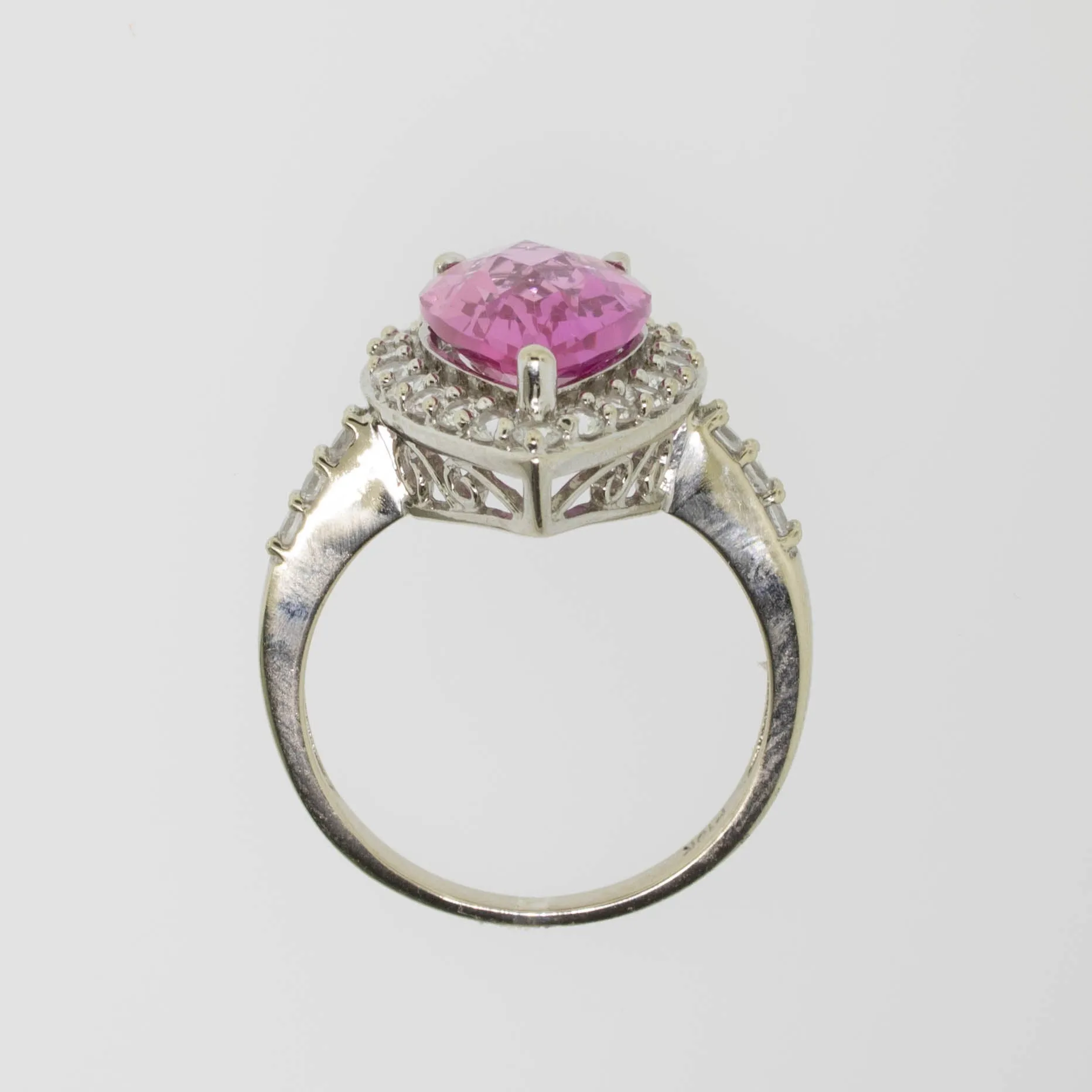 10K White Gold Imitation Pink and Clear Stone Ring Size 8 (Estate Ring)