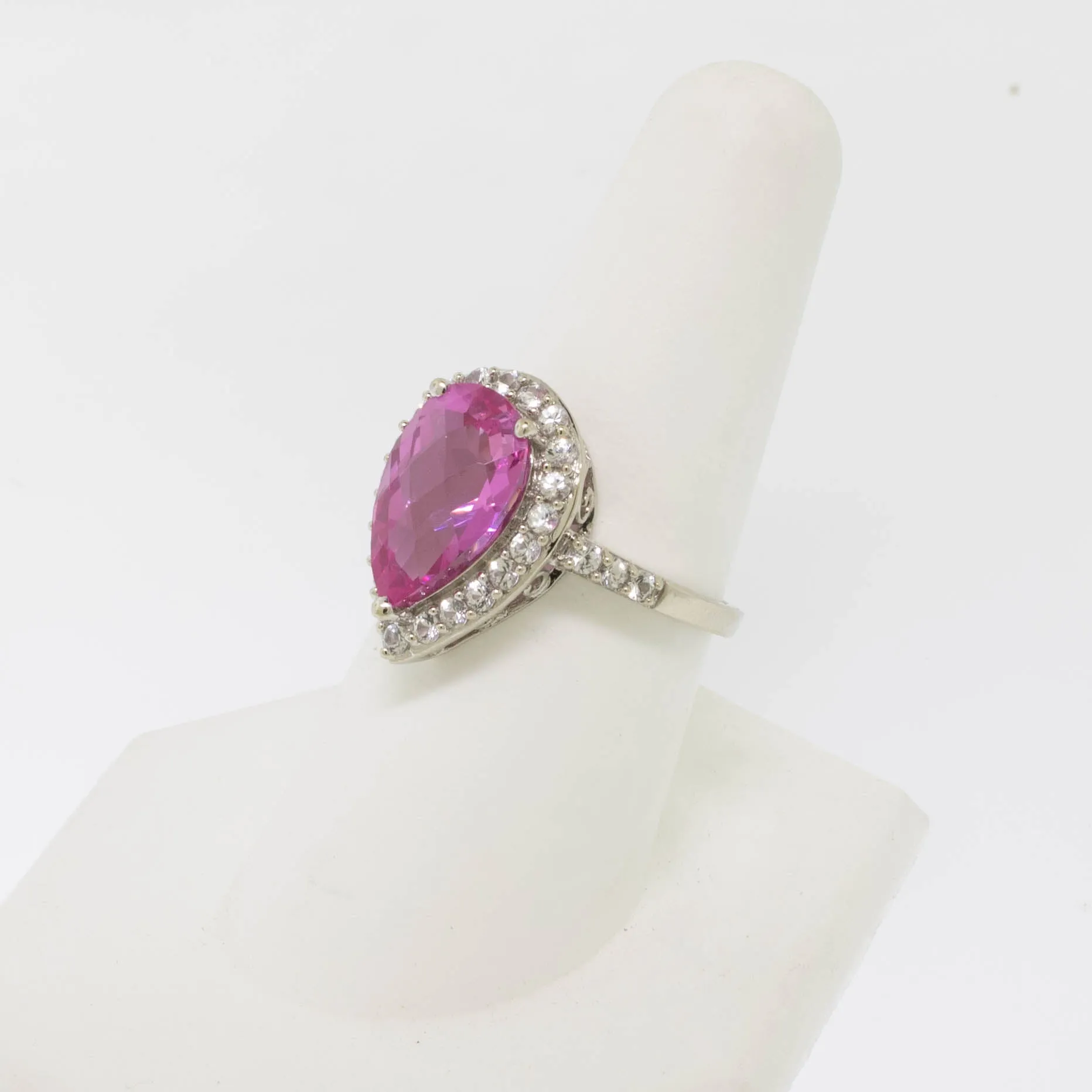 10K White Gold Imitation Pink and Clear Stone Ring Size 8 (Estate Ring)