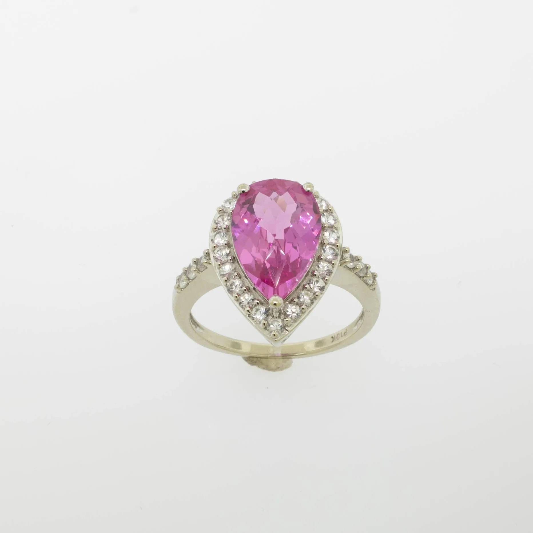 10K White Gold Imitation Pink and Clear Stone Ring Size 8 (Estate Ring)