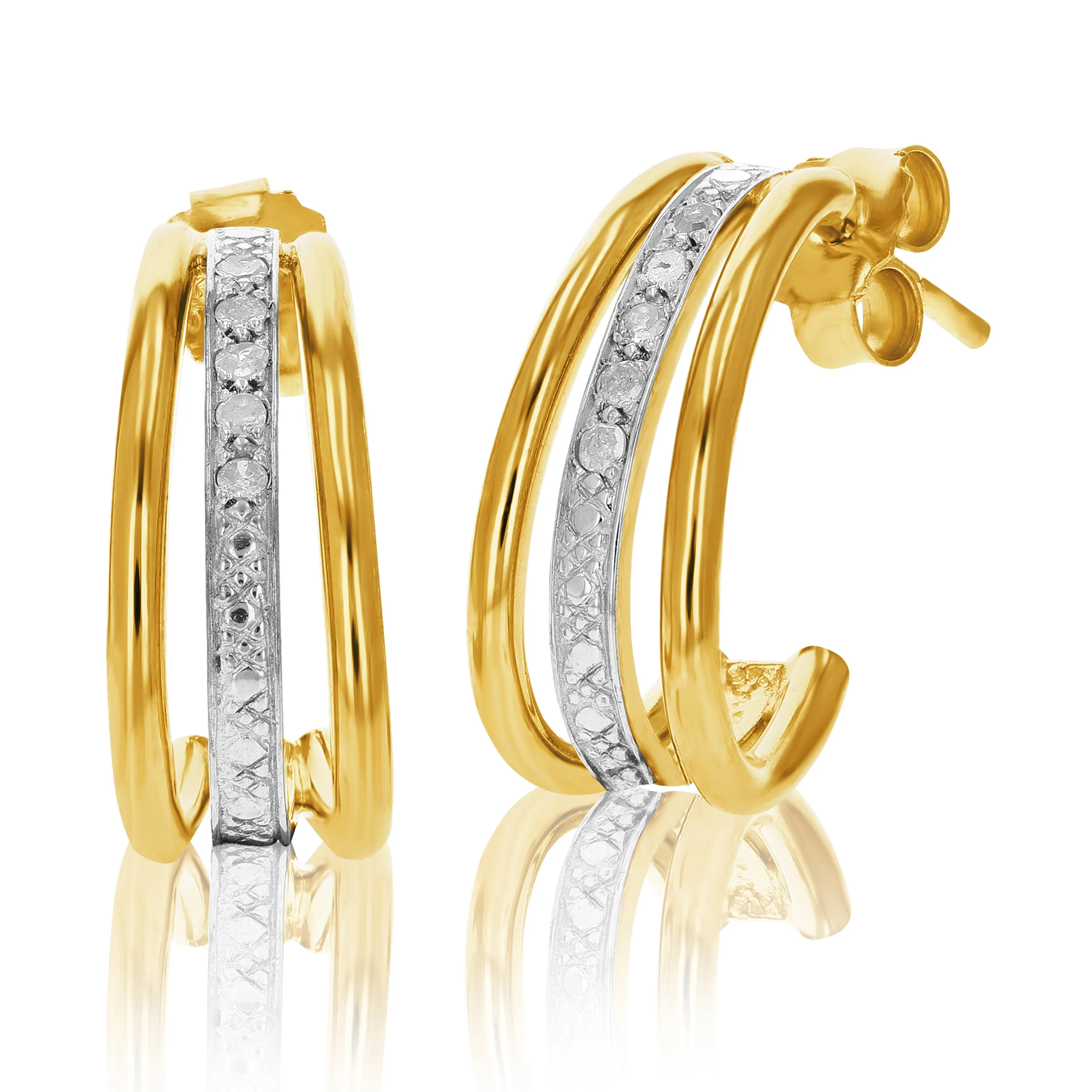 1/10 cttw Diamond Triple Row Hoop Earrings in Gold Plated Silver