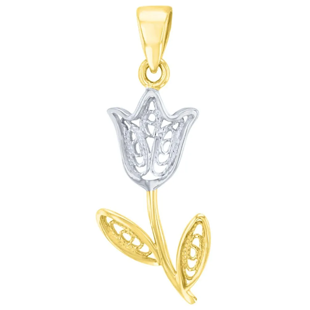 14k Gold Filigree Tulip Two Tone Flower Pendant - Yellow Gold