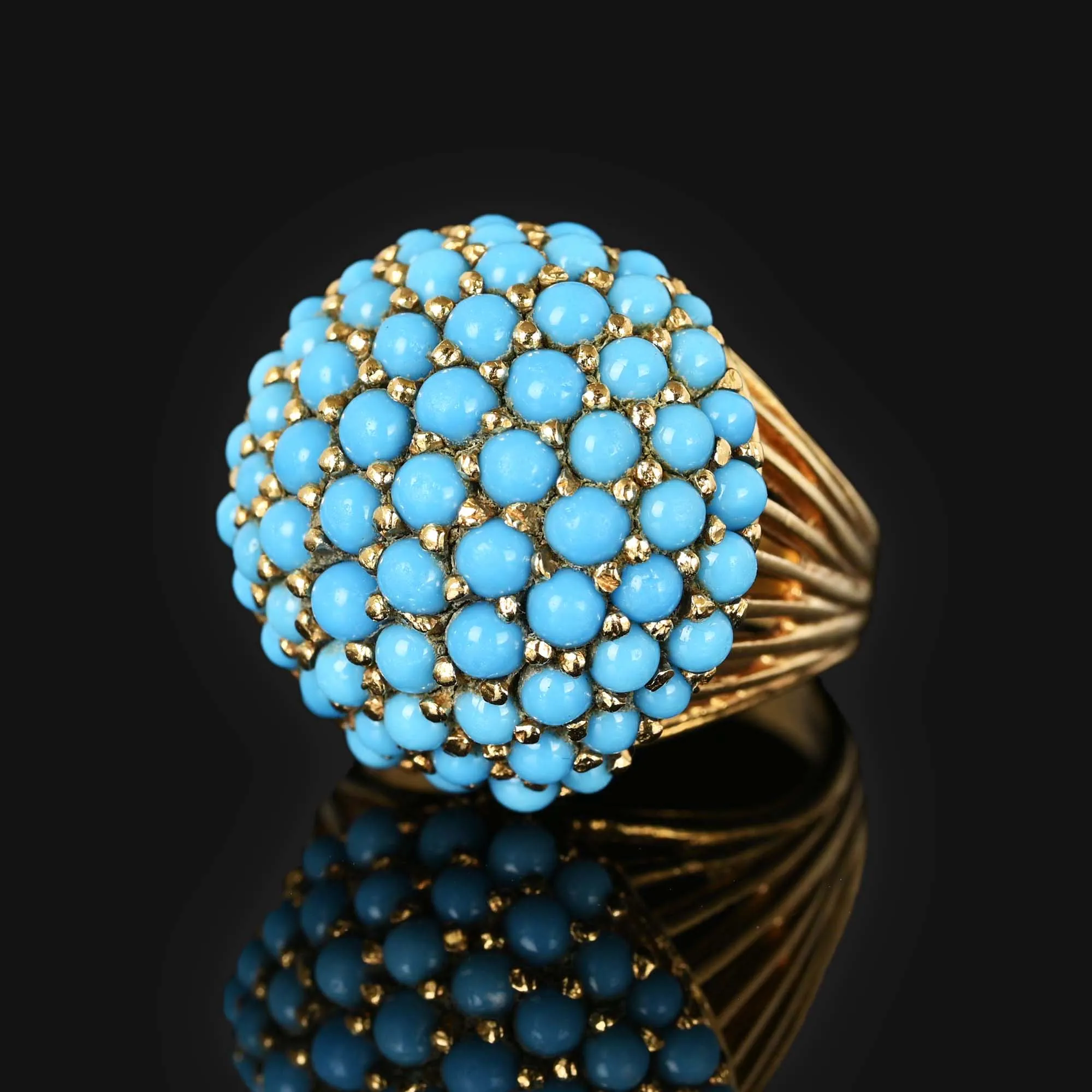 14K Gold Pave Turquoise Dome Bombe Ring