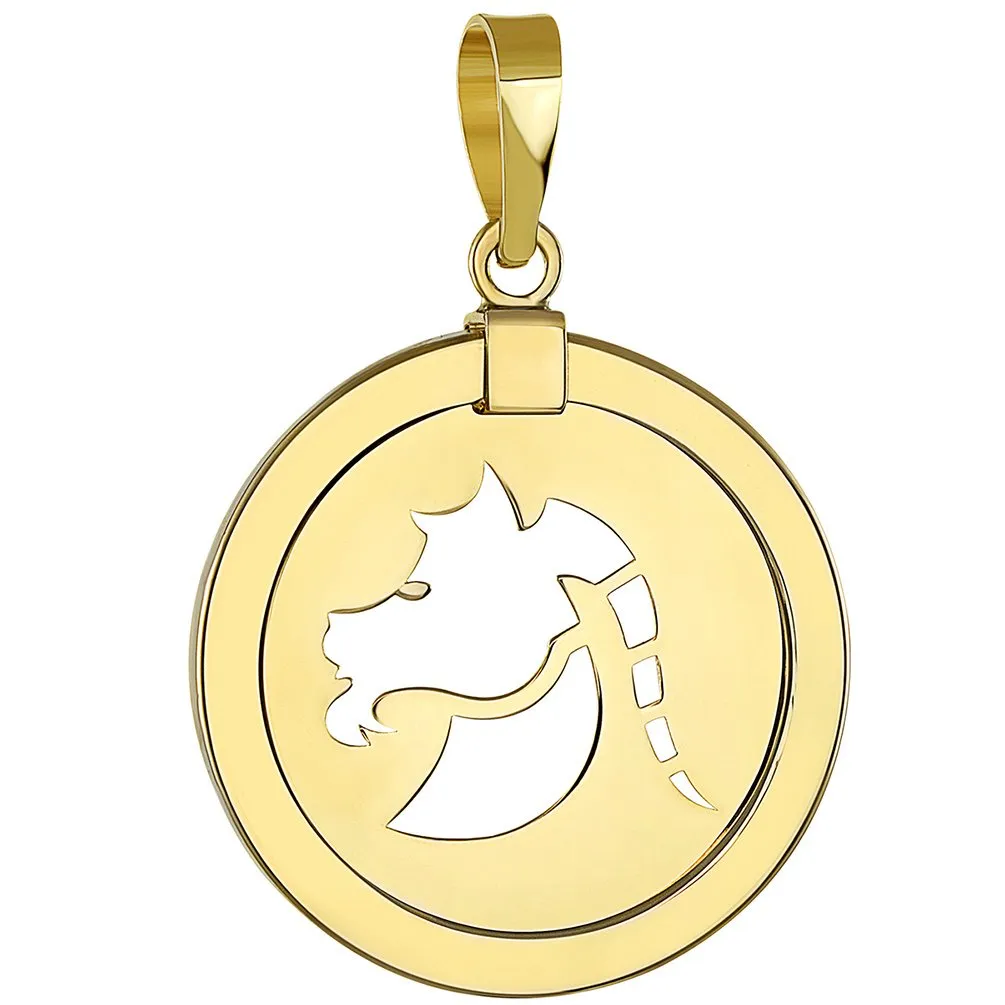 14K Gold Reversible Round Capricorn Goat Zodiac Sign Pendant with Chain Necklace - Yellow Gold