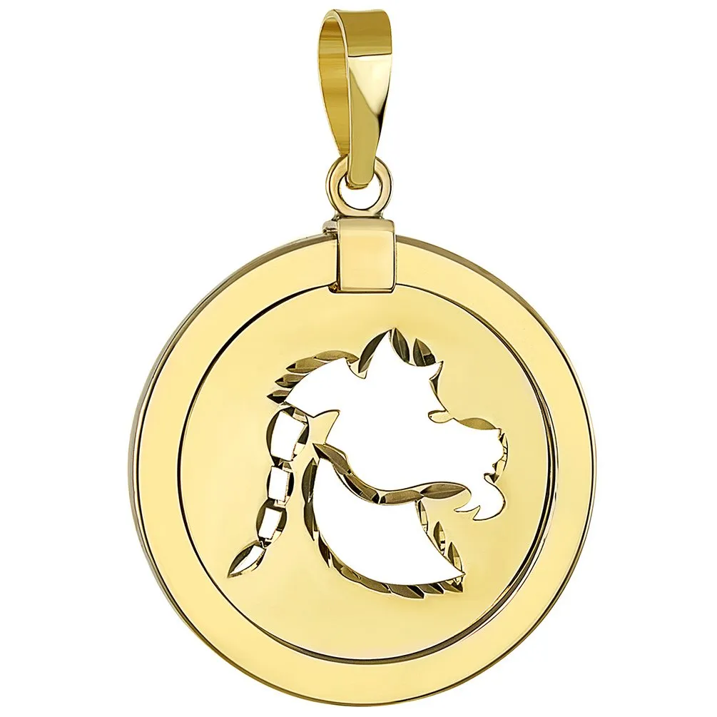 14K Gold Reversible Round Capricorn Goat Zodiac Sign Pendant with Chain Necklace - Yellow Gold