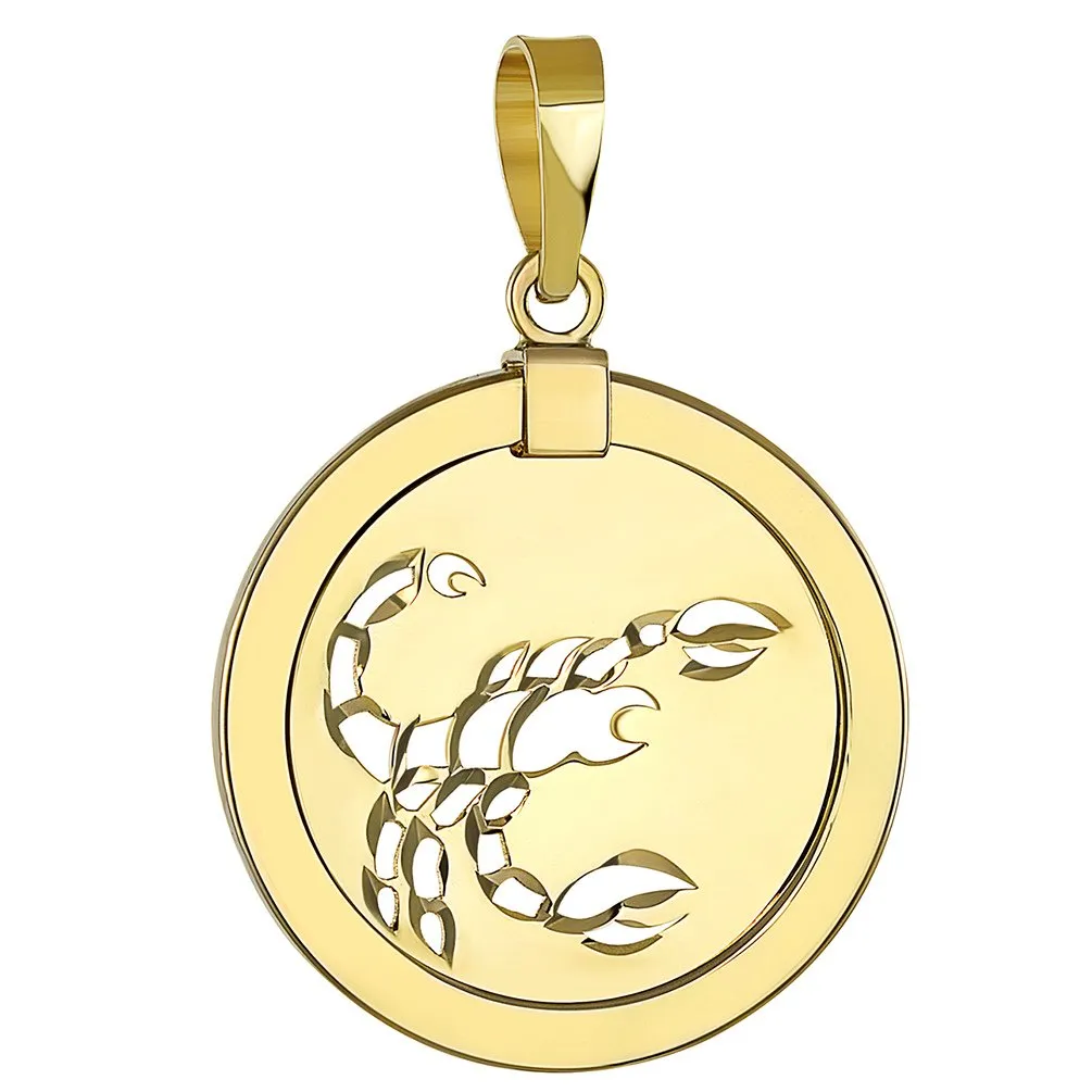 14K Gold Reversible Round Scorpion Scorpio Zodiac Sign Pendant - Yellow Gold