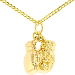 14k High Polish Yellow Gold 3D Boxing Gloves Charm Sports Pendant Cuban Chain Necklace