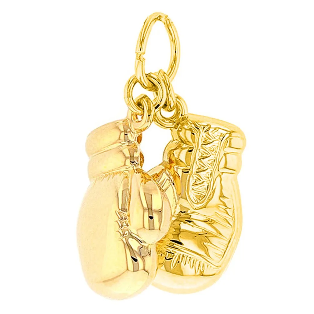 14k High Polish Yellow Gold 3D Boxing Gloves Charm Sports Pendant Cuban Chain Necklace