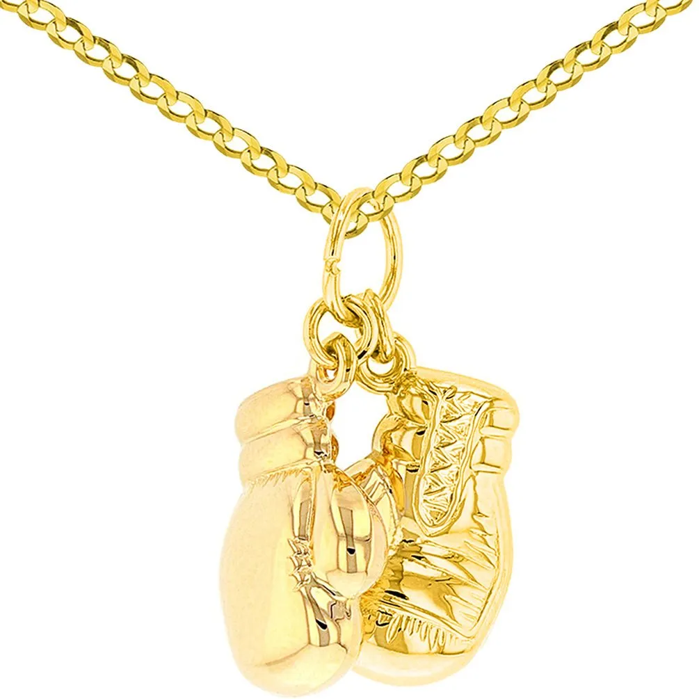 14k High Polish Yellow Gold 3D Boxing Gloves Charm Sports Pendant Cuban Chain Necklace