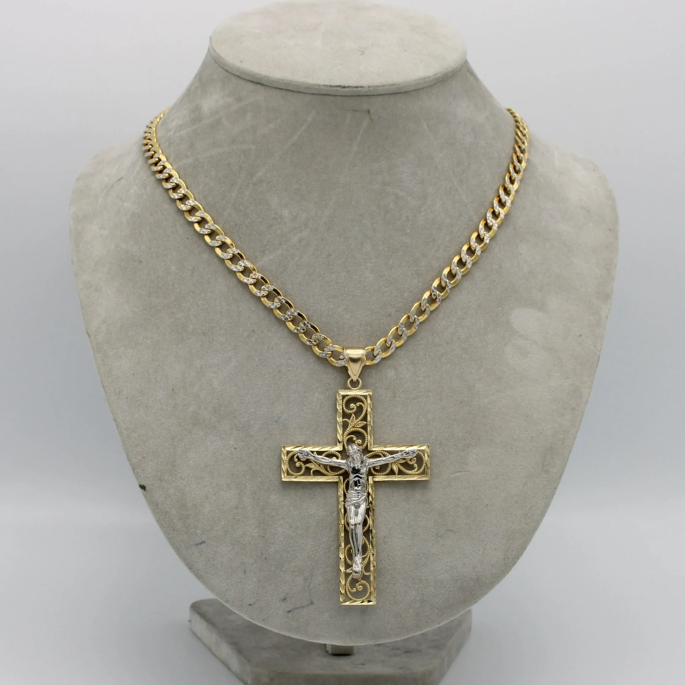 14K Jumbo Cross Pendant Two Tones  With Semi-Solid Flat Cuban ChainTwo Tones Yellow Gold