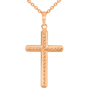 14k Rose Gold Textured Religious Classic Cross Pendant Necklace with Rolo Cable Chain