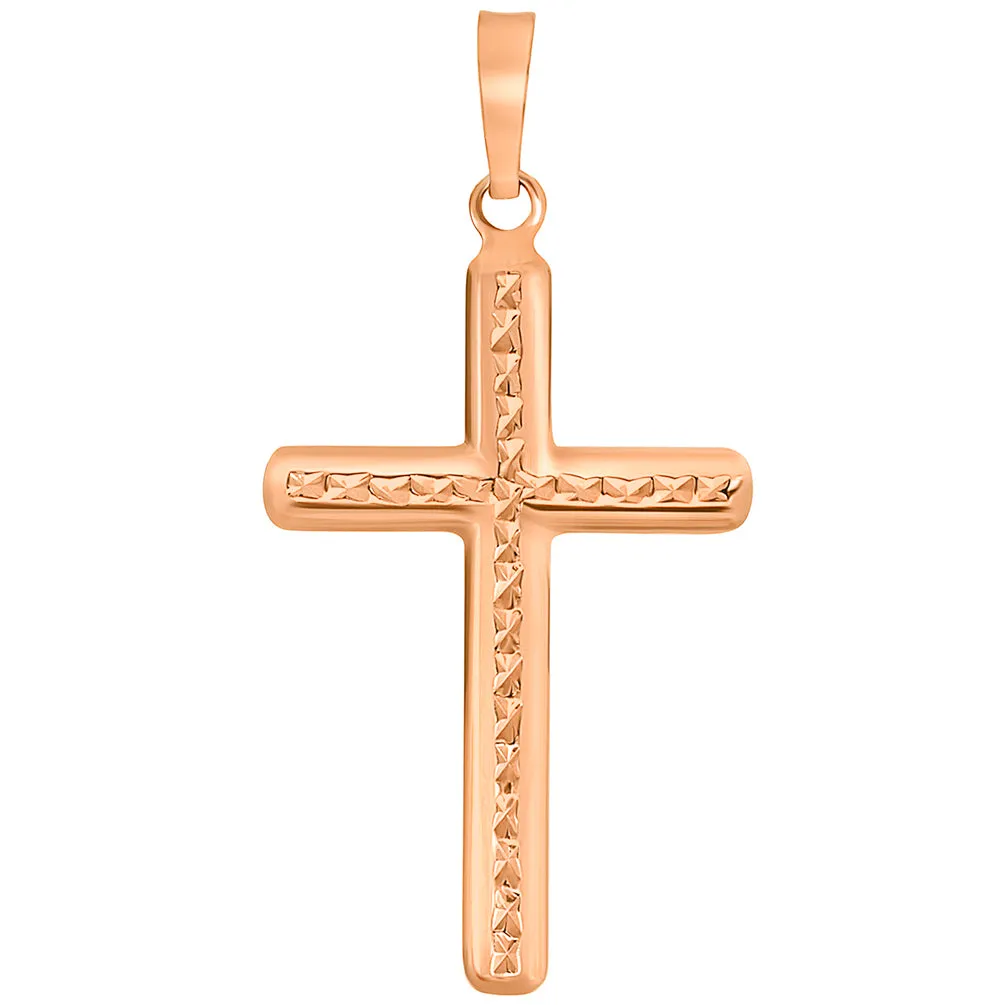 14k Rose Gold Textured Religious Classic Cross Pendant Necklace with Rolo Cable Chain