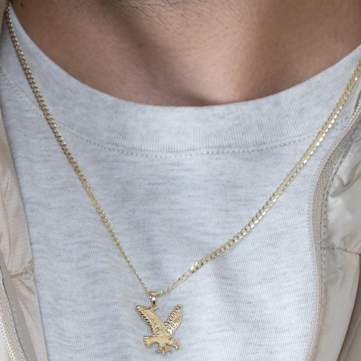 14k Solid Gold Soaring American Eagle Animal Pendant with Cuban Chain Necklace - Yellow Gold