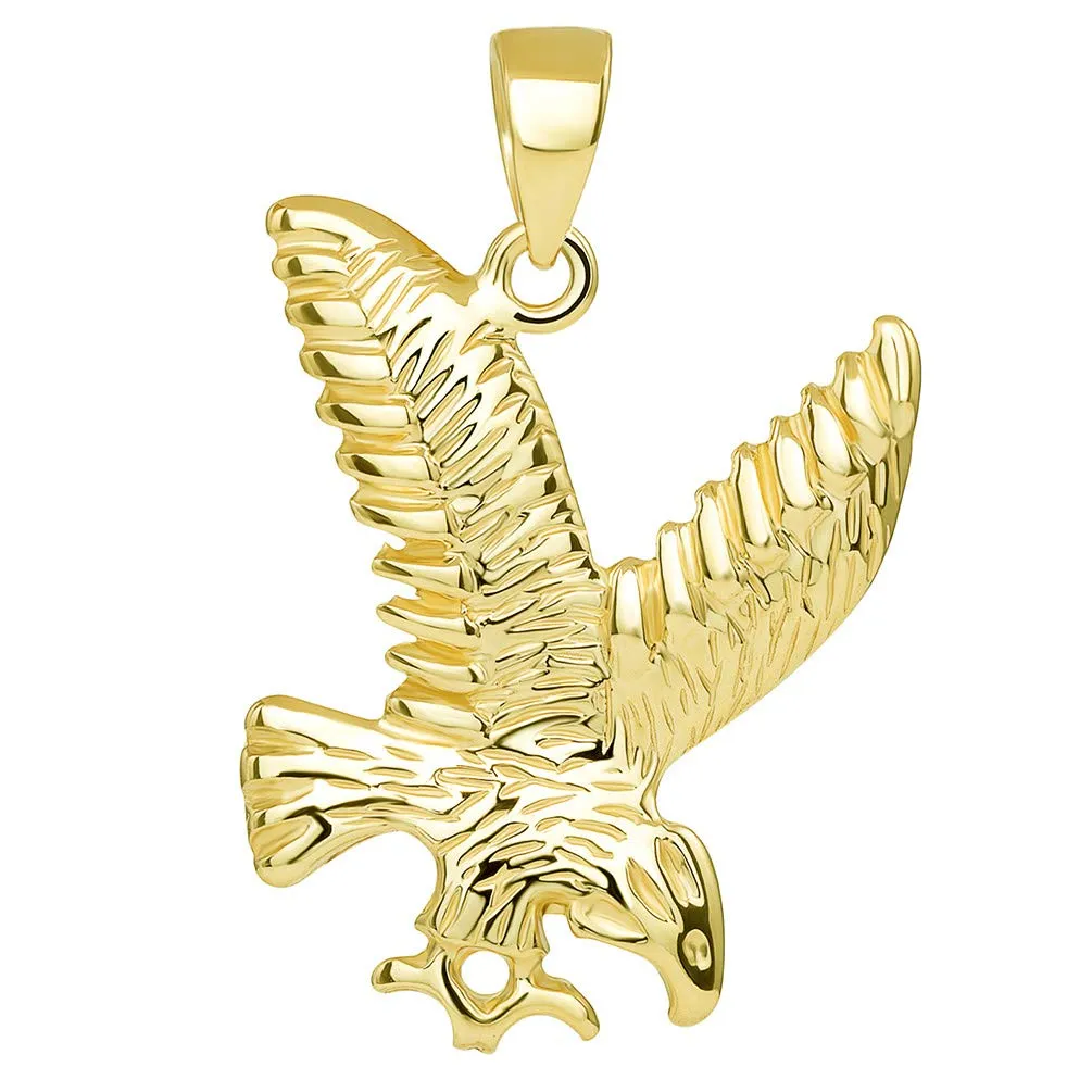 14k Solid Gold Soaring American Eagle Animal Pendant with Cuban Chain Necklace - Yellow Gold