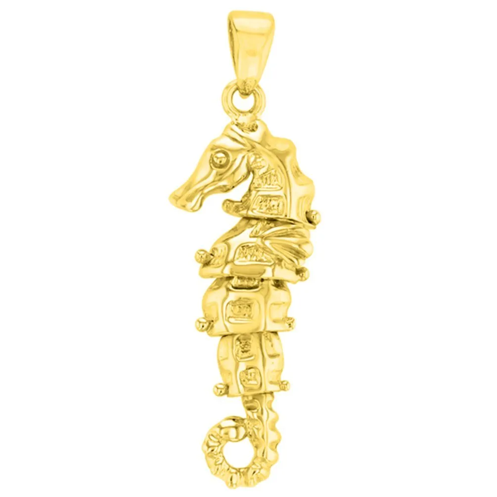 14K Solid Yellow Gold Dangling Seahorse Pendant with Figaro Chain Necklace