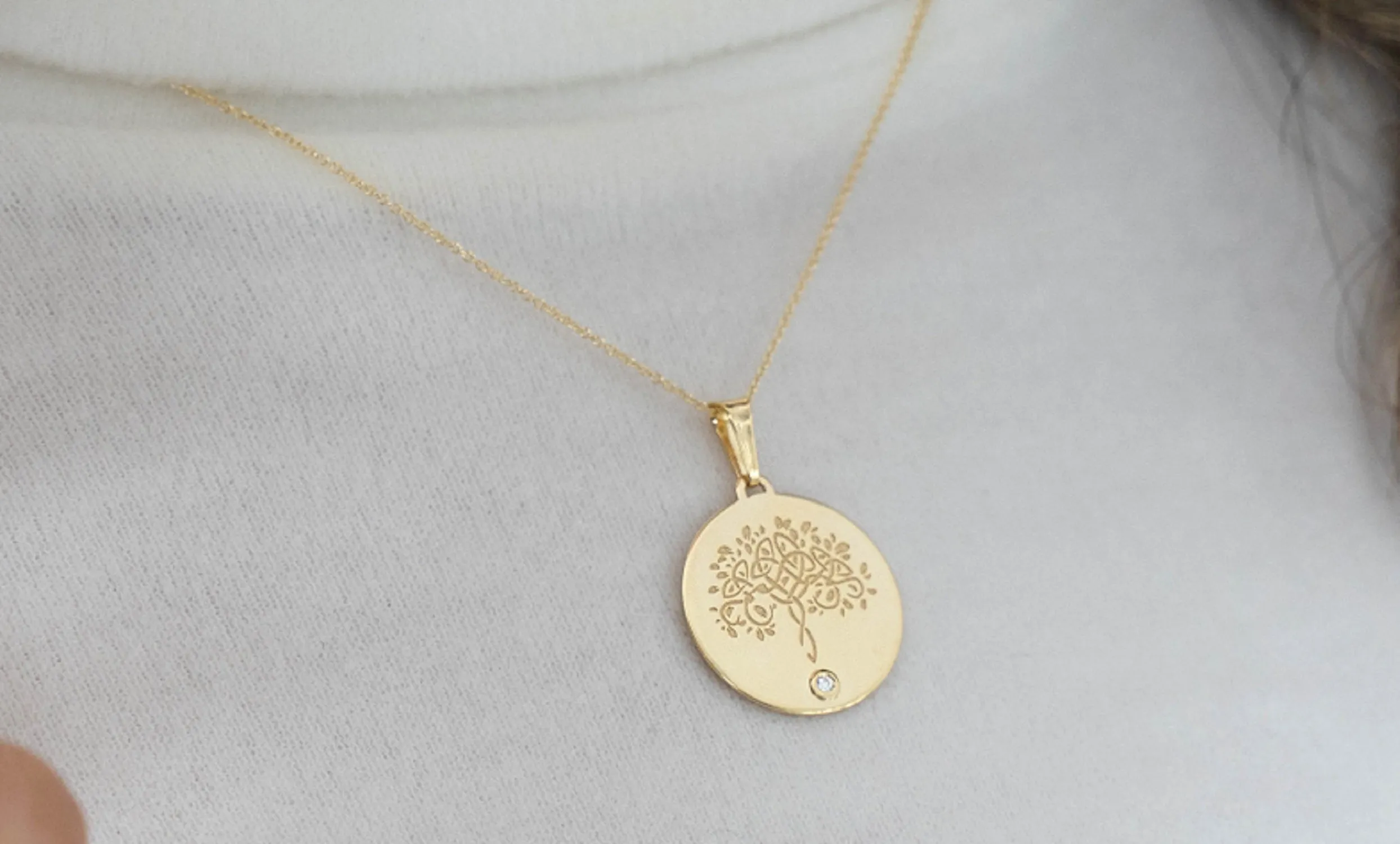 14k Solid Yellow Gold Hand Engraved Tree of Life CZ Round Medallion Pendant