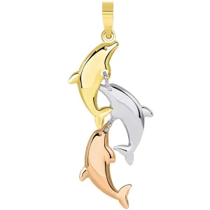 14k Tri Color Gold 3D Three Dangling Dolphins Jumping Vertical Pendant