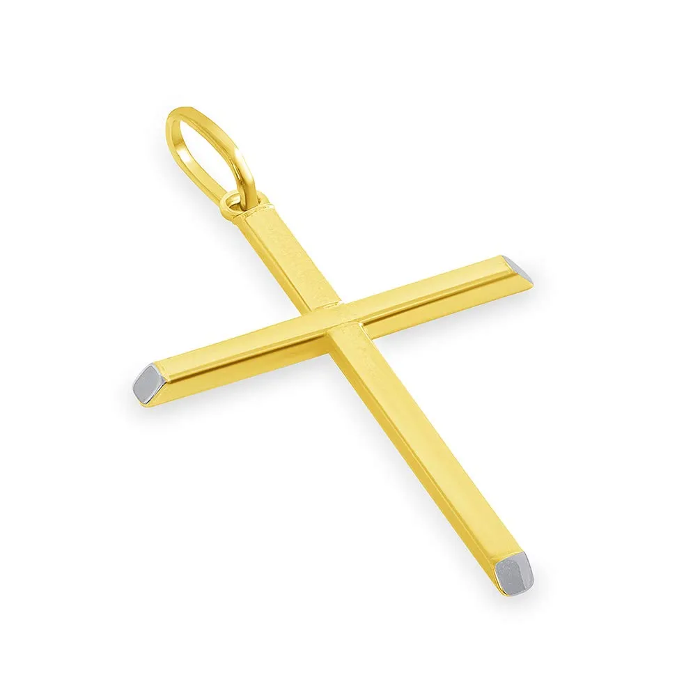 14k Two-Tone Gold Slender Slanted Edge Plain Religious Cross Pendant with Figaro Chain Necklace