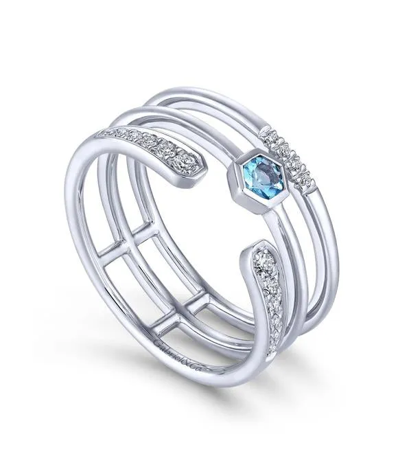 14K White Gold Triple Row Diamond and Blue Topaz Ring