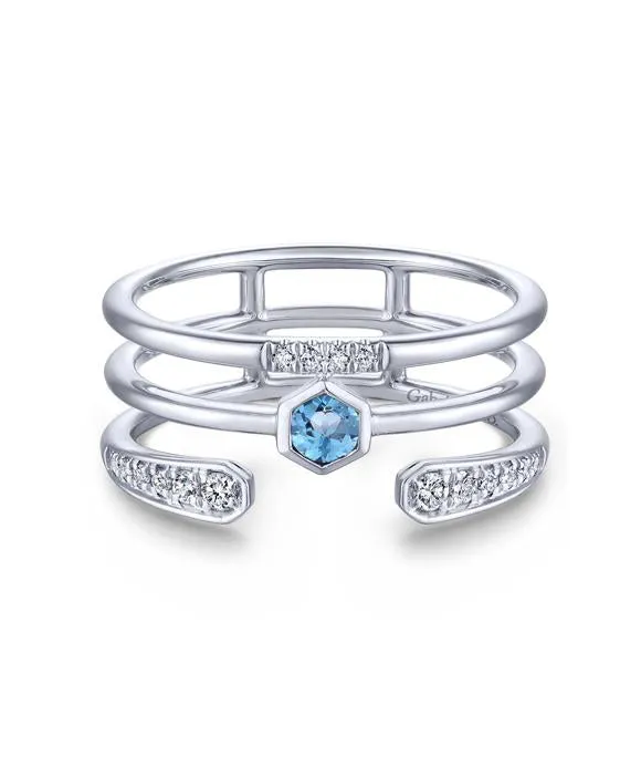 14K White Gold Triple Row Diamond and Blue Topaz Ring