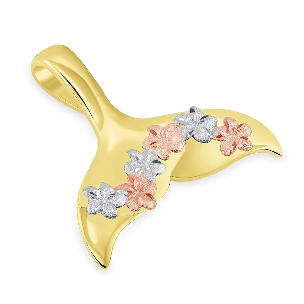 14k Yellow and Rose Gold Tri-Tone Dolphin Tail Fin Hawaiian Plumeria Flowers Pendant Figaro Chain Necklace