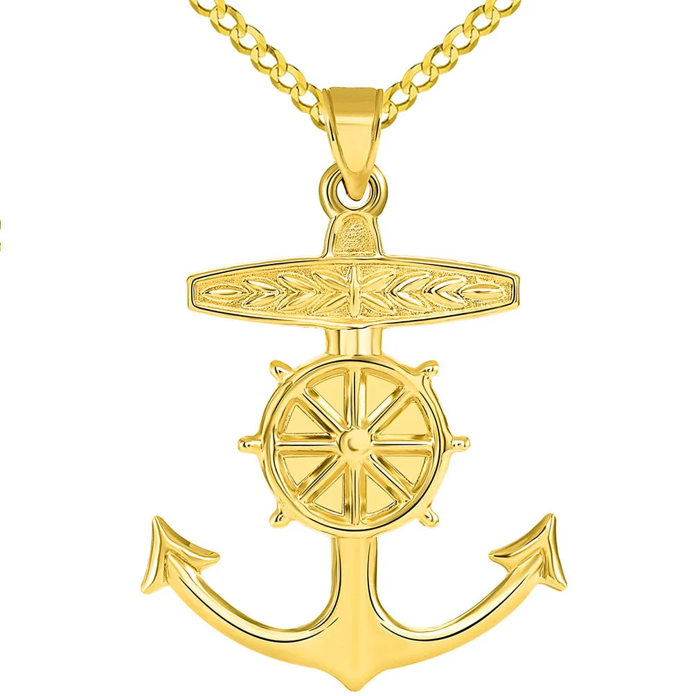 14k Yellow Gold 3D Ship Anchor and Wheel Nautical Pendant Cuban Necklace