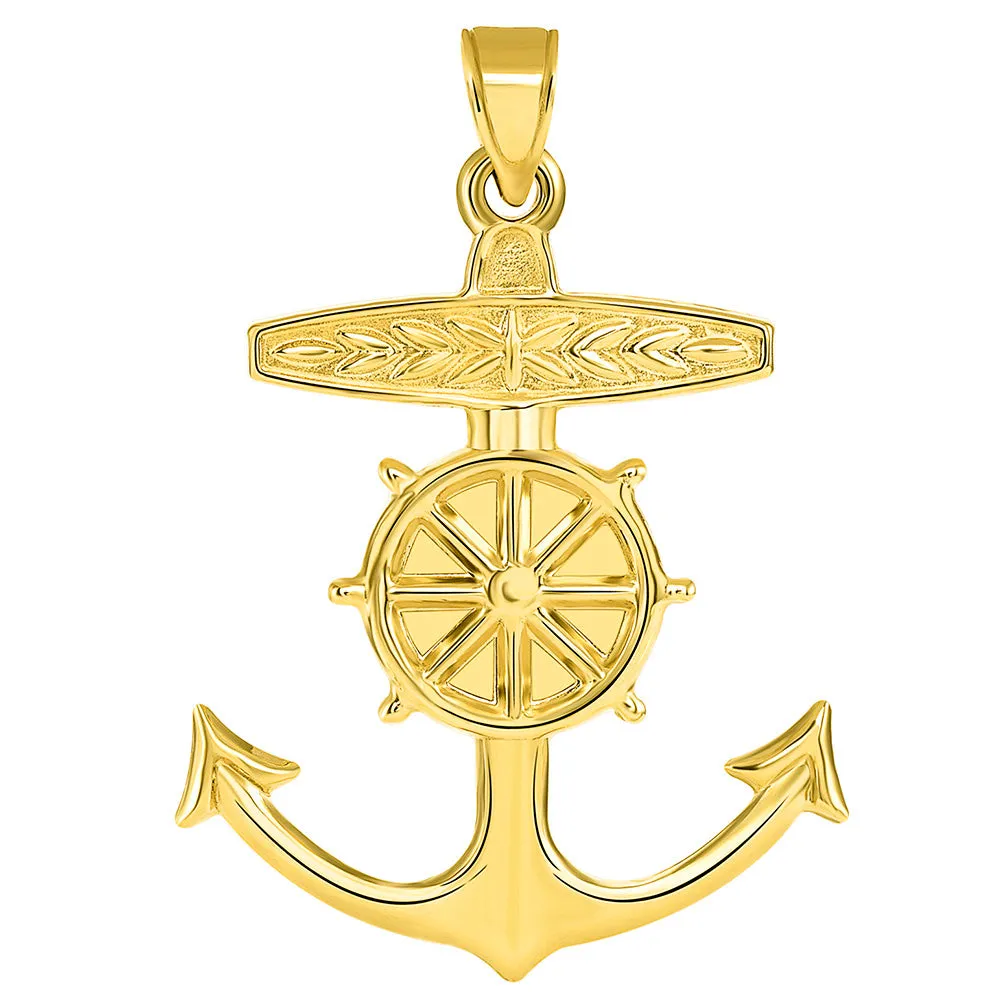 14k Yellow Gold 3D Ship Anchor and Wheel Nautical Pendant Cuban Necklace