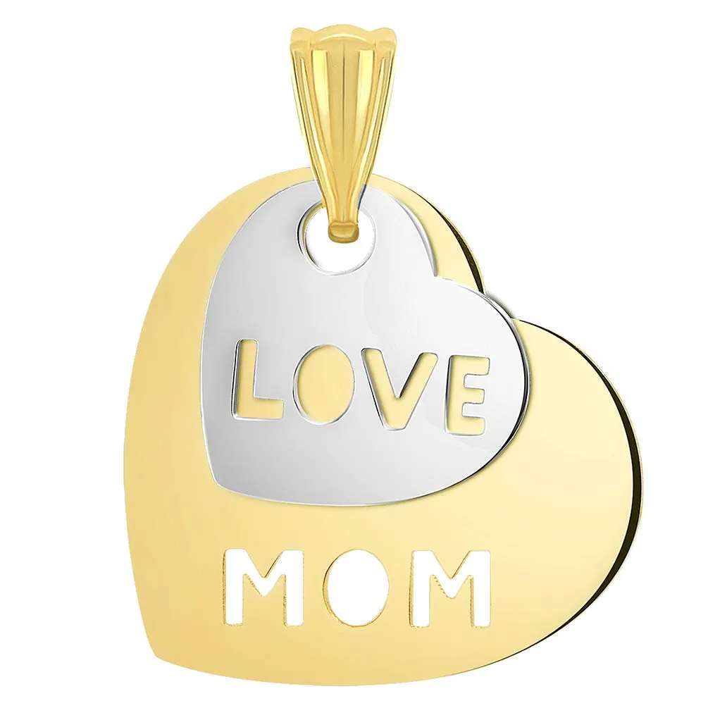 14k Yellow Gold and White Gold Double Heart with Cut-Out Love Mom Pendant Necklace