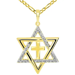 14k Yellow Gold CZ Star of David with Religious Cross Judeo Christian Pendant Figaro Necklace