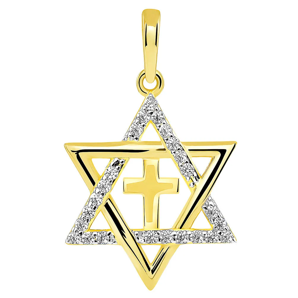 14k Yellow Gold CZ Star of David with Religious Cross Judeo Christian Pendant Figaro Necklace