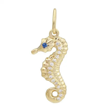 14K Yellow Gold Diamond   Sapphire Seahorse Pendant