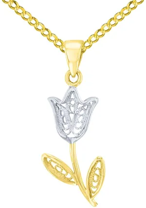 14K Yellow Gold Filigree Tulip Flower Pendant with Cuban Chain Necklace