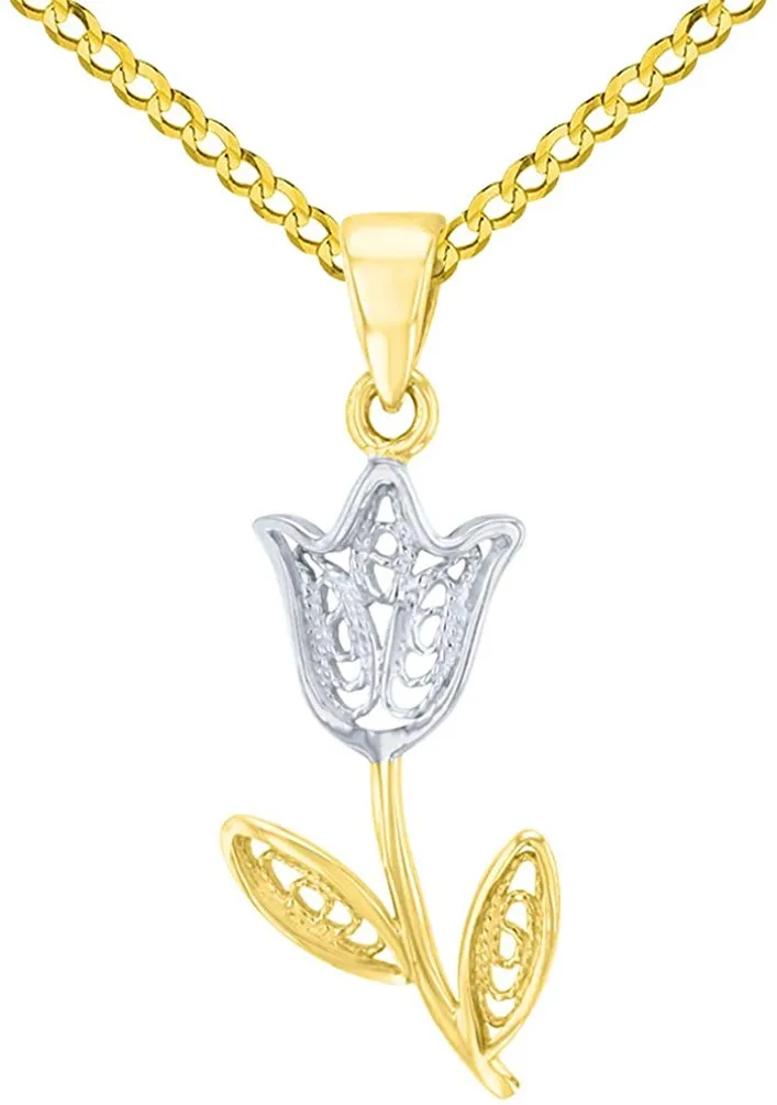 14K Yellow Gold Filigree Tulip Flower Pendant with Cuban Chain Necklace