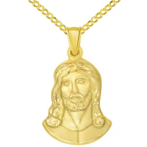 14k Yellow Gold Head of Jesus Christ Neck Up Profile Pendant with Cuban Curb Chain Necklace