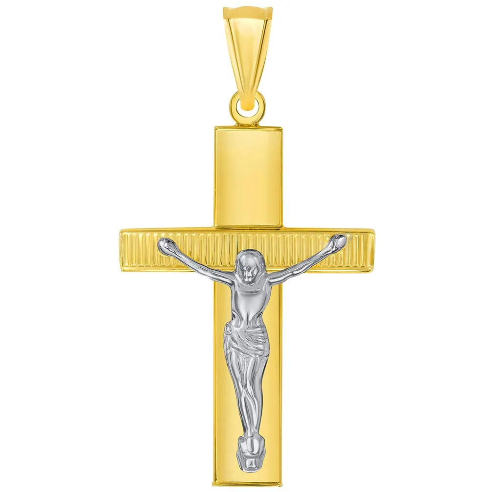 14k Yellow Gold High Polished Textured Religious Cross Two-Tone Jesus Crucifix Pendant with Figaro Chain Necklace