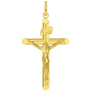 14k Yellow Gold INRI Tubular Cross Charm Traditional Roman Catholic Crucifix Pendant