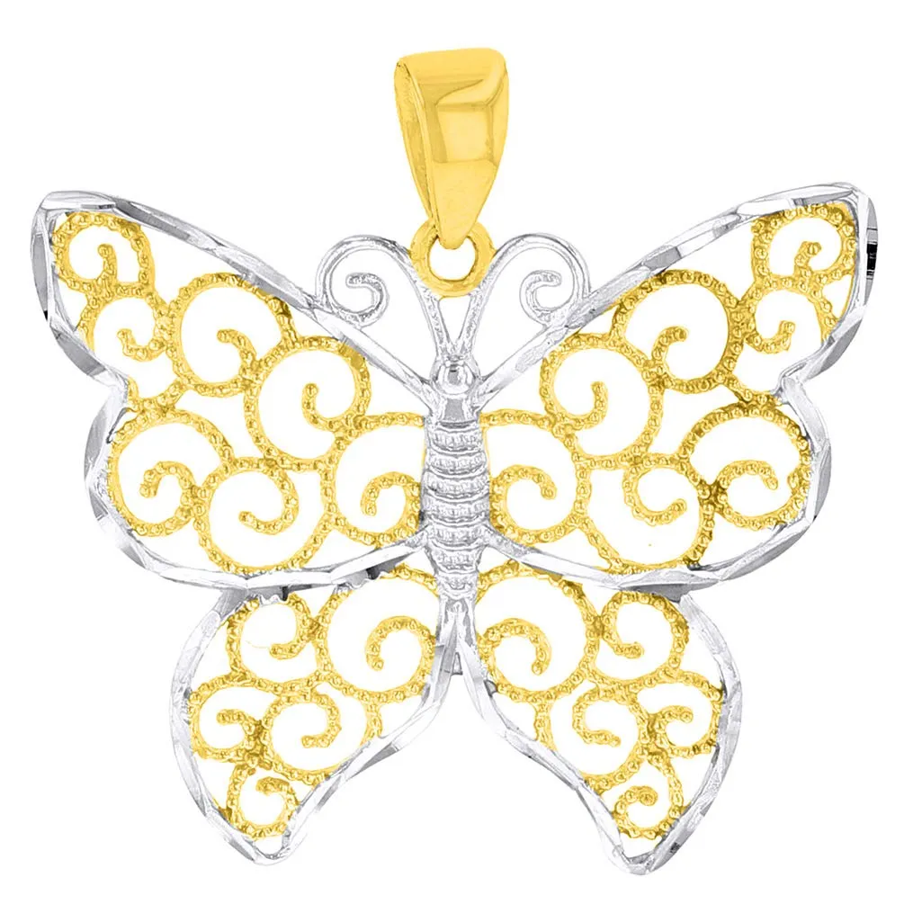 14k Yellow Gold Textured Filigree Style Butterfly Pendant Necklace