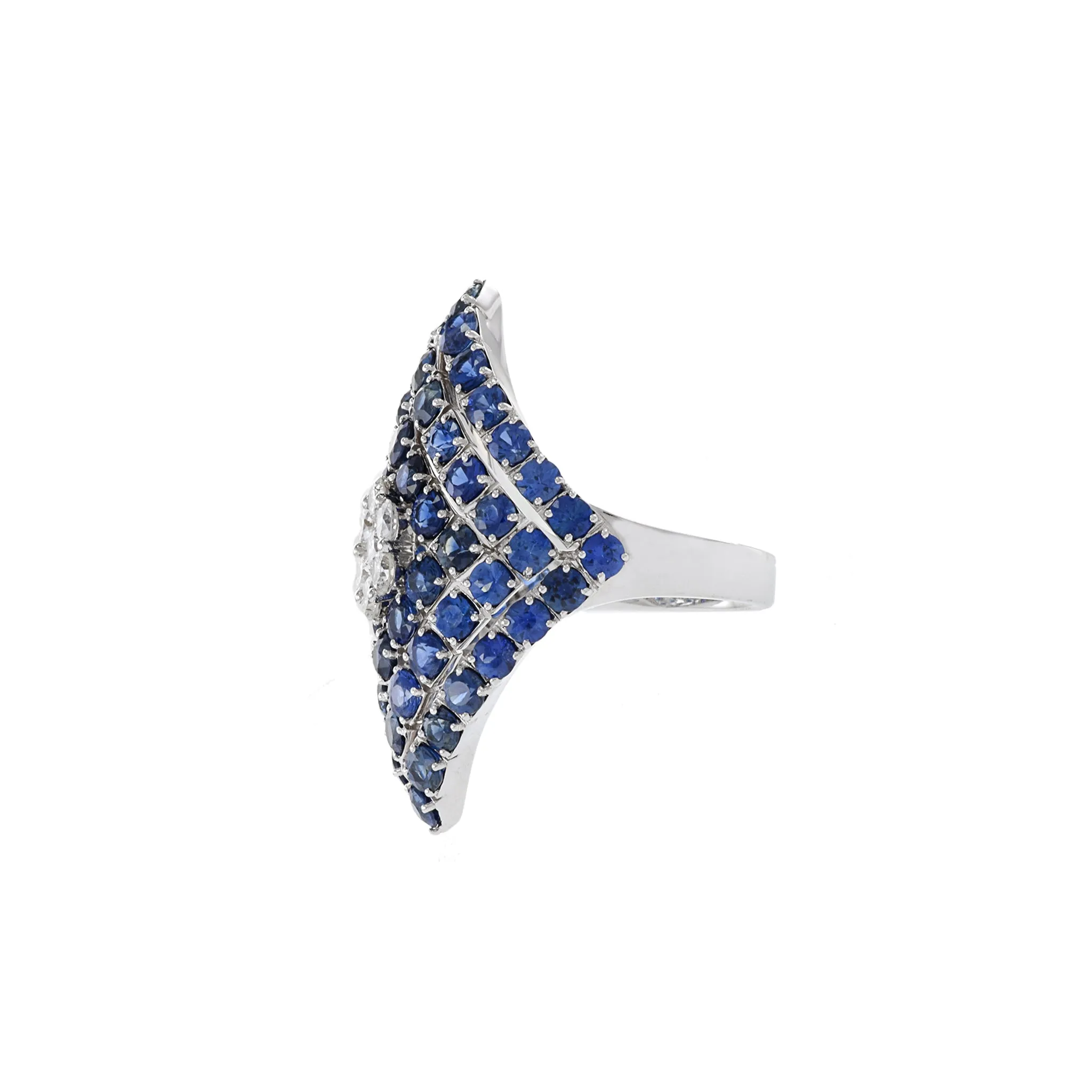 14KT White Gold Blue Sapphire And Diamond Flower Center Ring