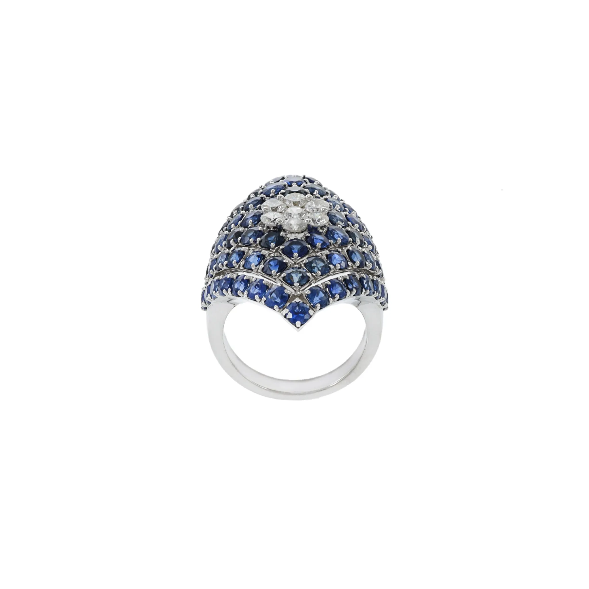 14KT White Gold Blue Sapphire And Diamond Flower Center Ring