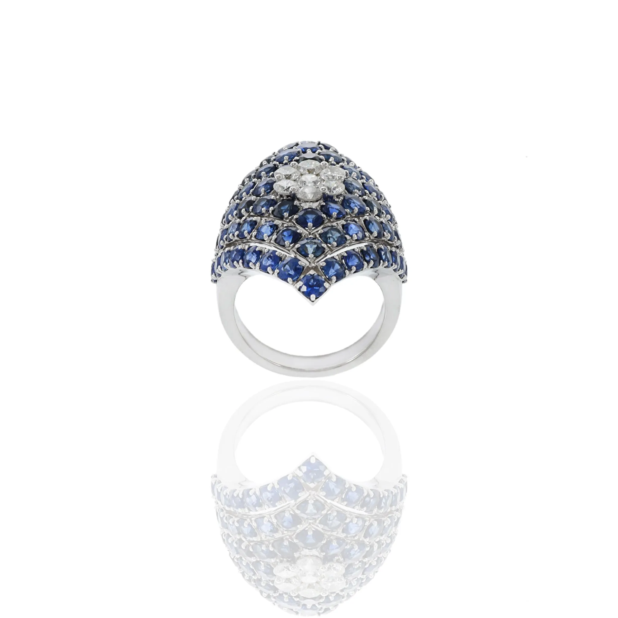 14KT White Gold Blue Sapphire And Diamond Flower Center Ring