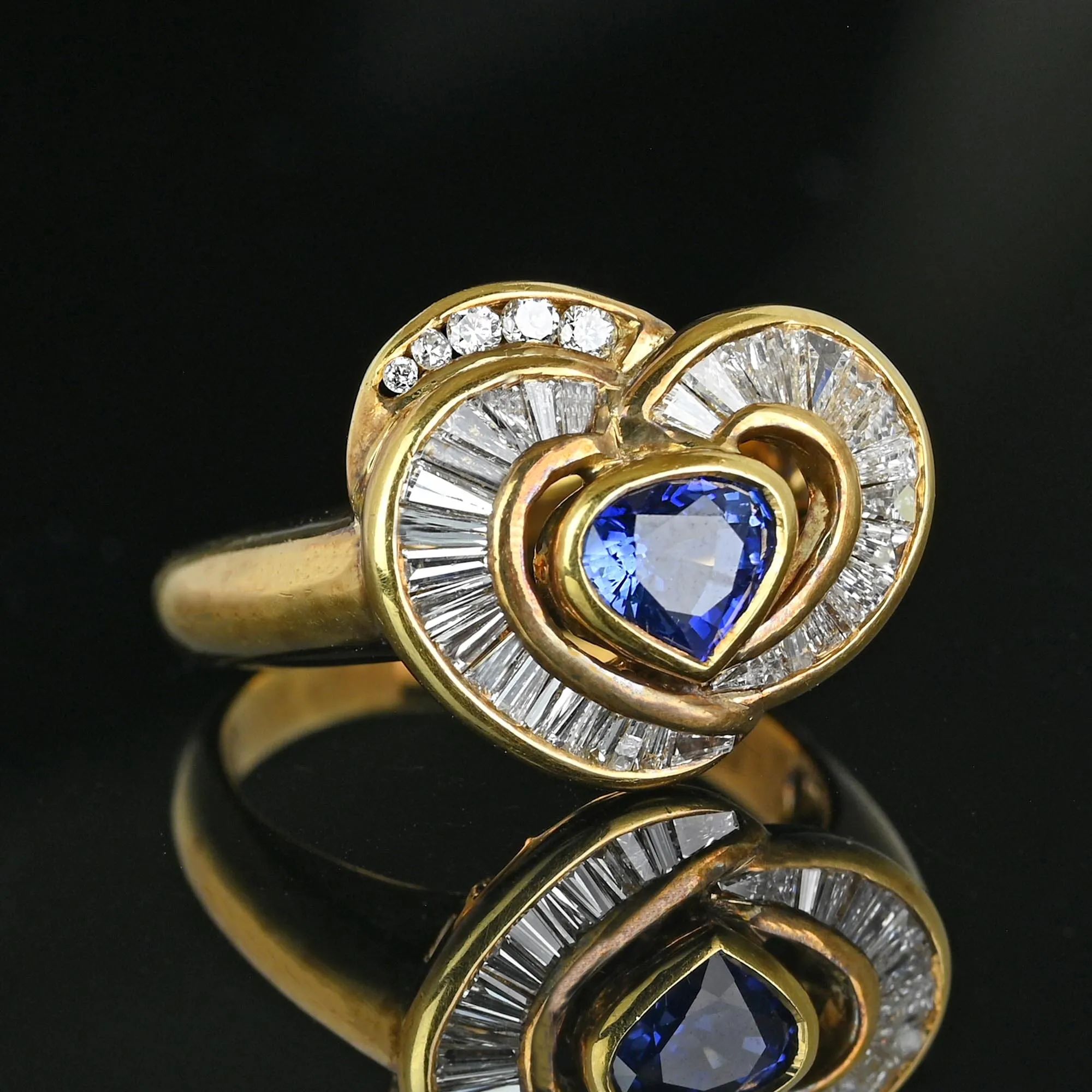 18K Gold Baguette Diamond Heart Ceylon Sapphire Ring