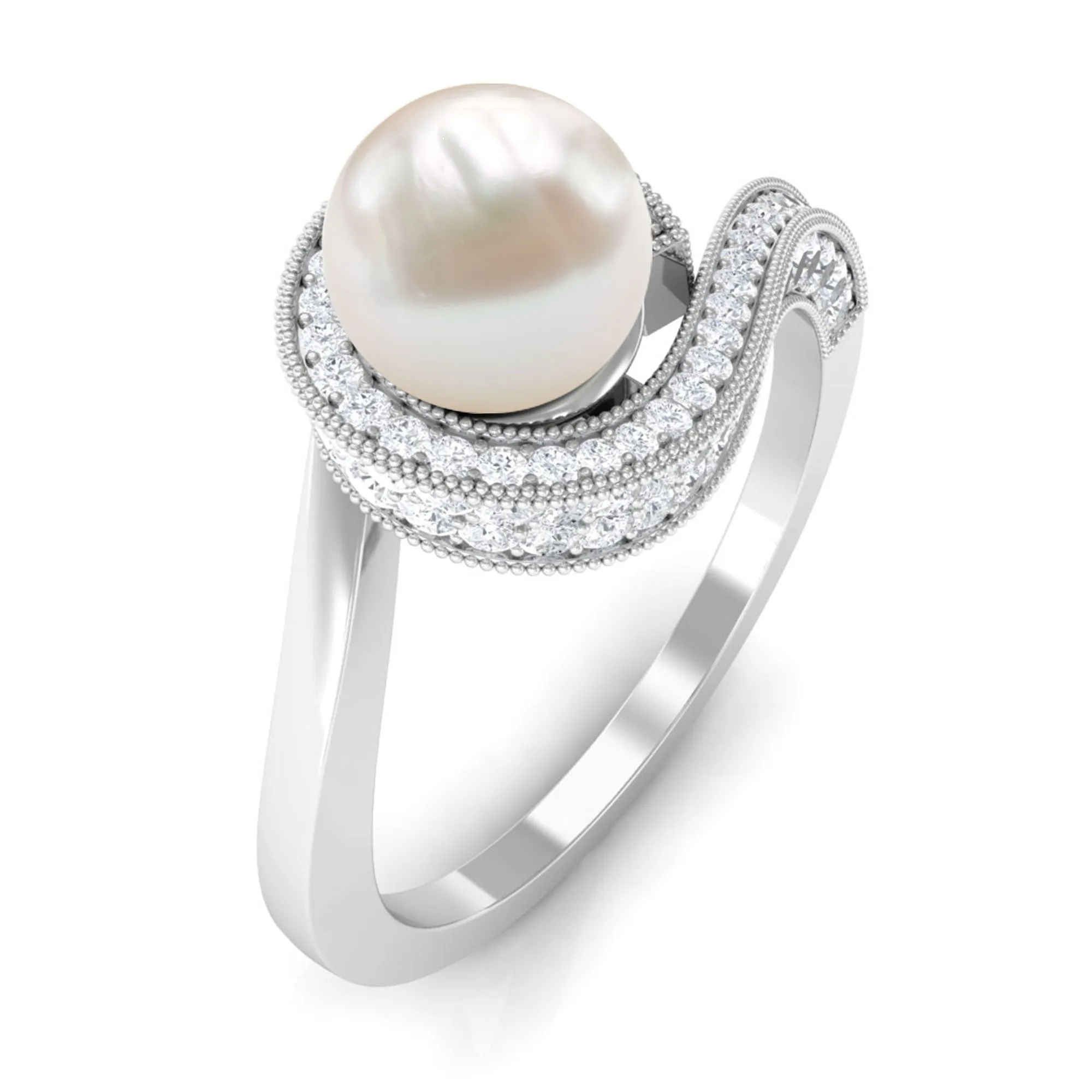 3 CT Freshwater Pearl and Diamond Bypass Engagement Ring