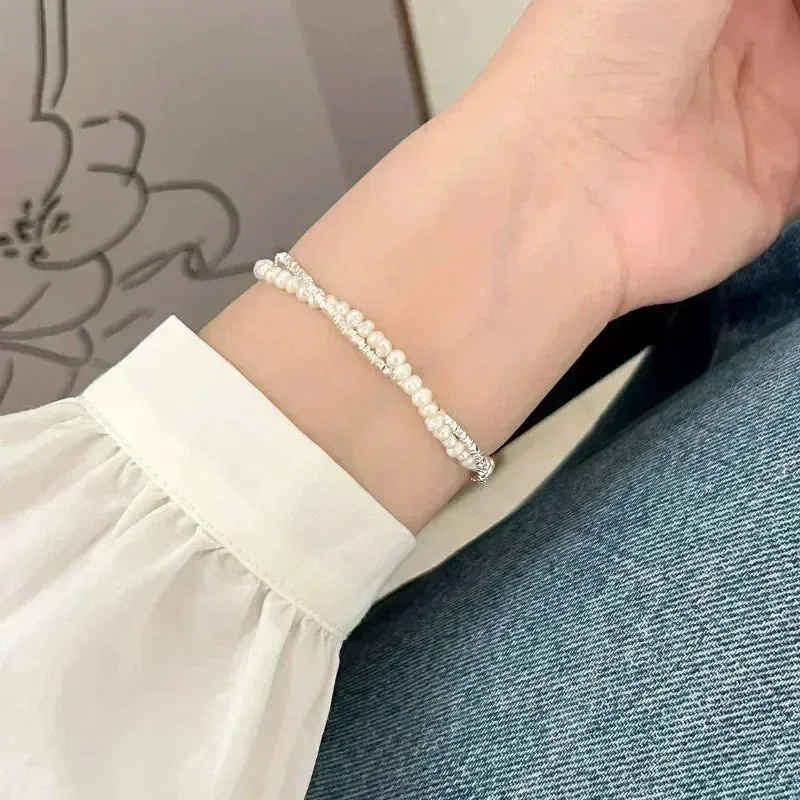 925 Sterling Silver Double Layer Pearl Bracelet for Women Girl Design Bead Korean Jewelry Dropshipping Charm Bracelet